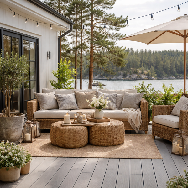 Nordic outdoor patio furniture set with wooden sofa, two armchairs, and coffee table in neutral beige tones.